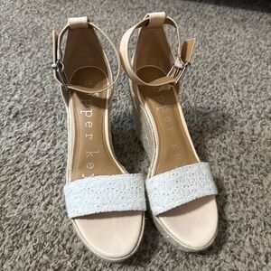 Copper Key Cream and White Wedge Sandals